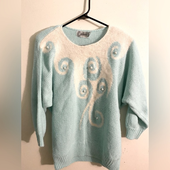 VTG Light Blue Carducci Acrylic Women’s Sweater with Pearls - Size S - Picture 1 of 6
